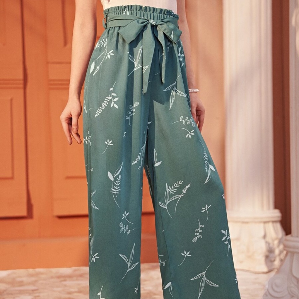 Boho Floral Print Front Tie Mint Wide leg Pants - Picture 3 of 7